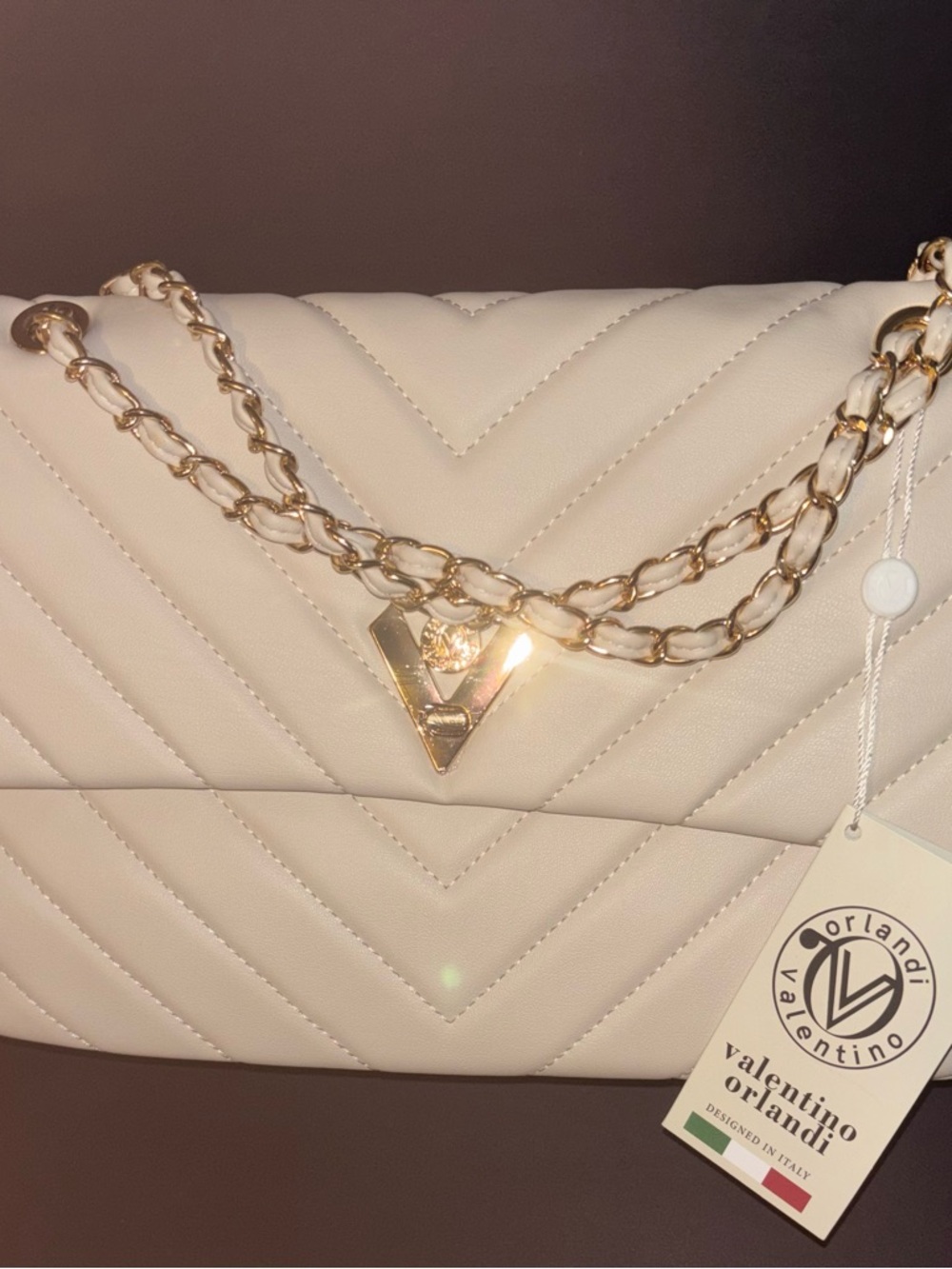 Valentino Orlandi Ivory Quilted Shoulder Bag with Gold Chain